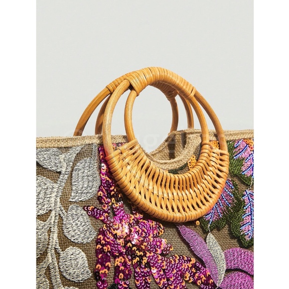 Sequined Floral Decorated Straw Tote Bag Bamboo Handle - Picture 5 of 13